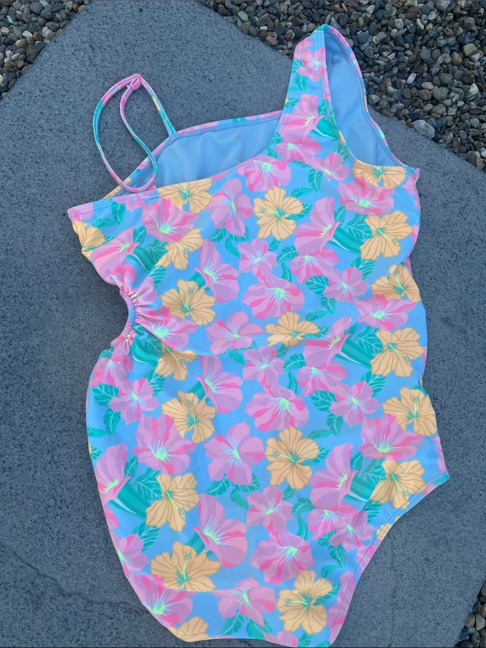 Hurley Kids One-Shoulder Floral One-Piece Swimsuit - Teal/Pink/Yellow